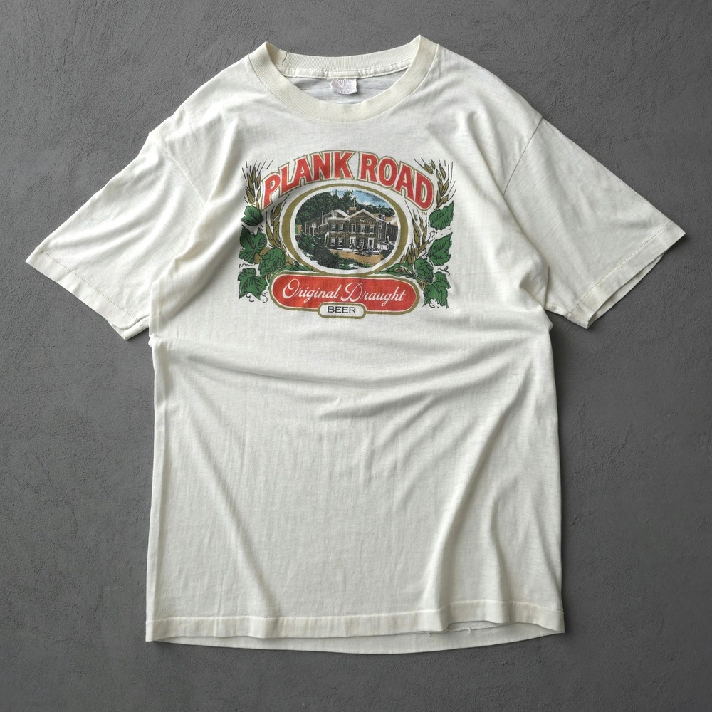 Vintage 70s White T-shirt XL Plank Road Original Draught Beer USA Made